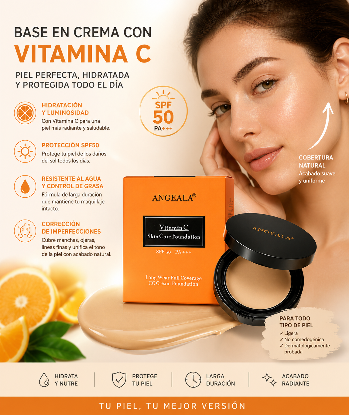 Base en Crema con Vitamina C SPF50 – Cobertura Natural e Hidratación (15 g)