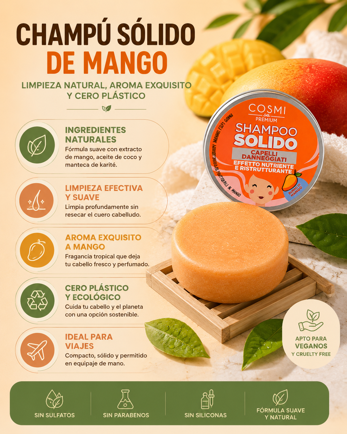 Champú Sólido de Mango – Limpieza Natural y Aroma Tropical (55g)