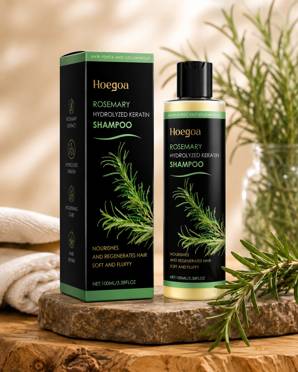 Champú Regenerante con Queratina y Romero HOEGO – Reparación y Brillo Natural (100 ml)