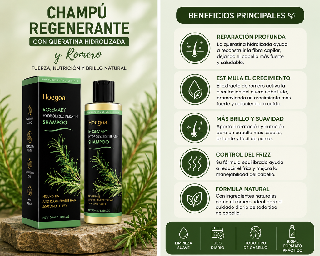 Champú Regenerante con Queratina y Romero HOEGO – Reparación y Brillo Natural (100 ml)