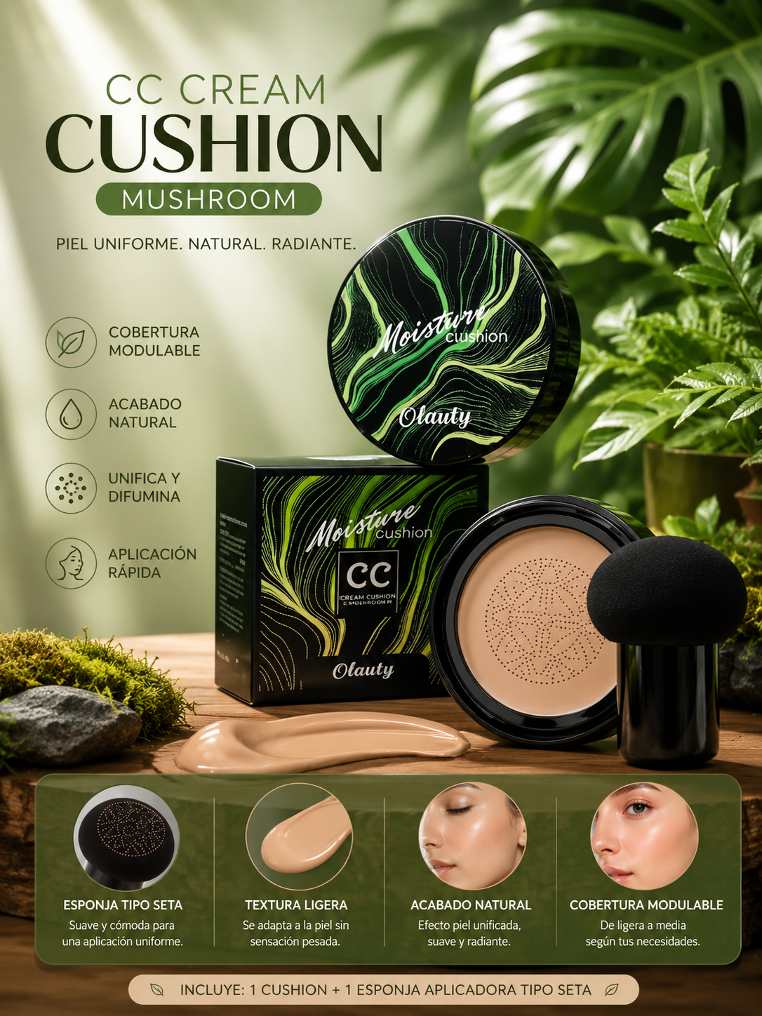 CC Cream Cushion “Mushroom” – Base ligera modulable con esponja aplicadora