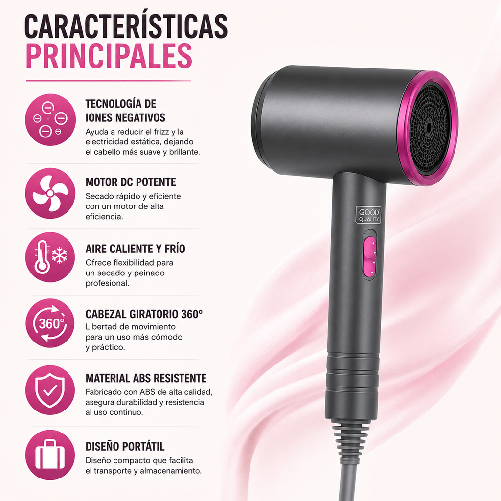 Secador de Cabello con Iones Negativos – Compacto, Potente y Práctico - 1200W