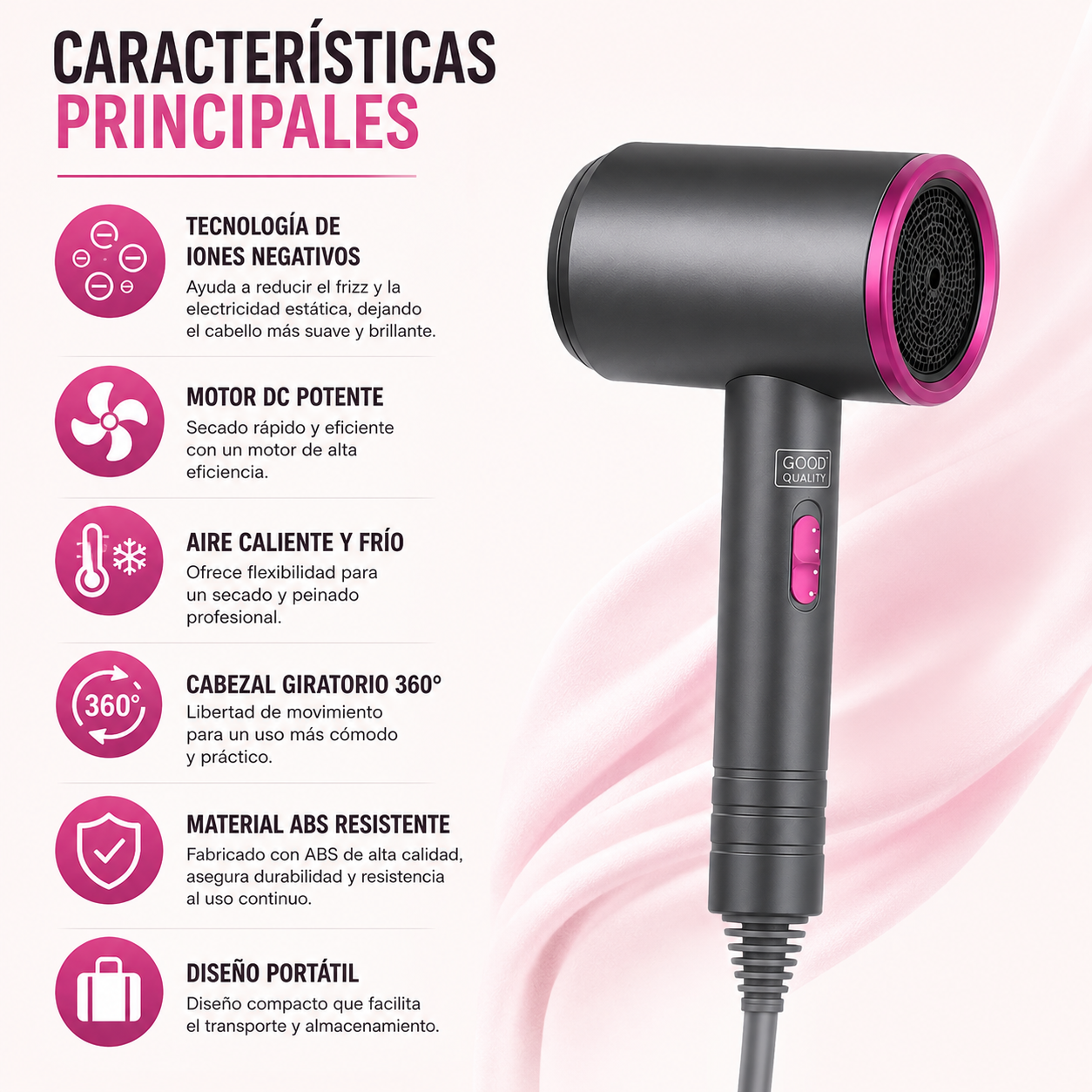 Secador de Cabello con Iones Negativos – Compacto, Potente y Práctico - 1200W