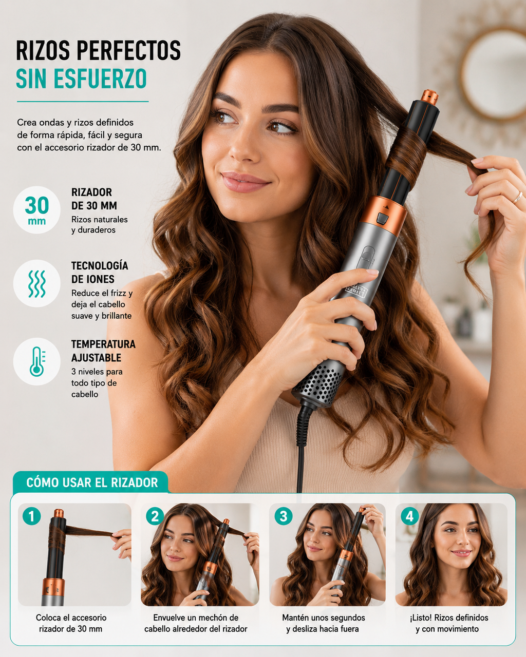 Cepillo Secador 5 en 1 – Seca, Alisa, Riza y Da Volumen con un Solo Aparato - 1000w
