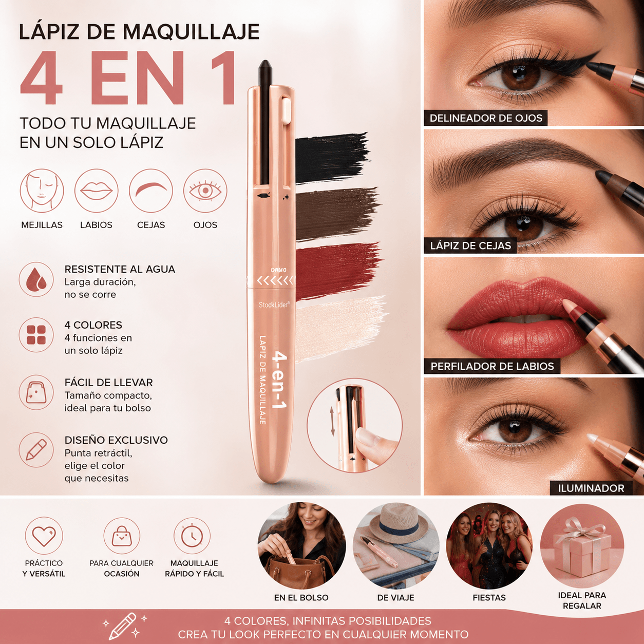 Lápiz de Maquillaje 4 en 1 – Ojos, Cejas, Labios e Iluminador